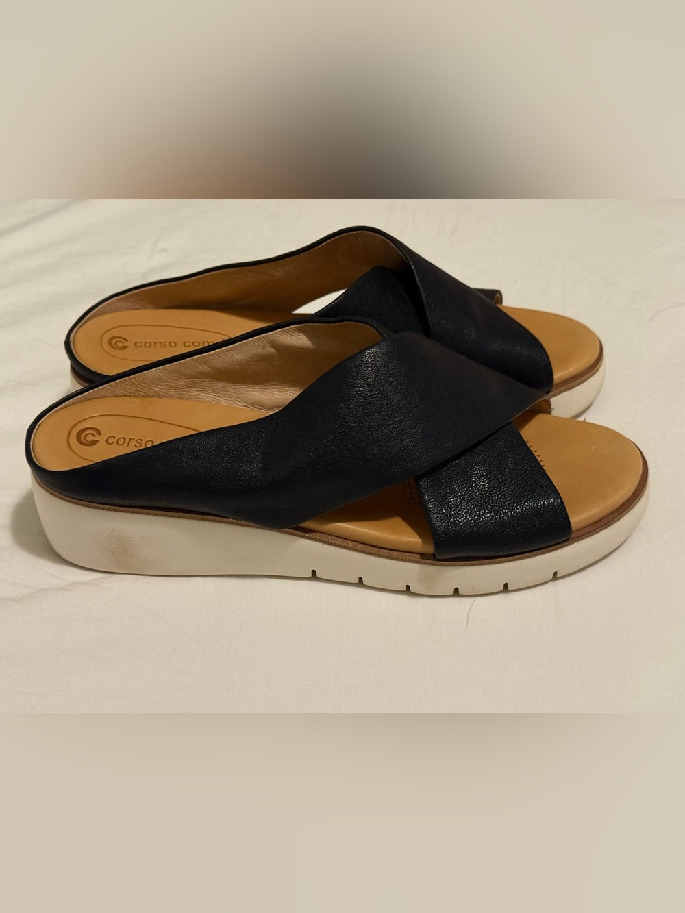 Corso Como Brunna Black Leather Cross-strap Wedge Slide sz 9 - Picture 5 of 9